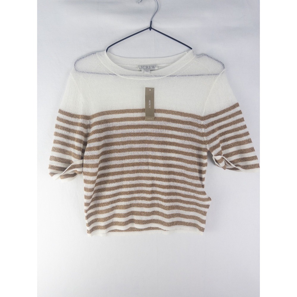 J.Crew Gold Metallic Striped Knit Sweater Top Womens S White Coastal Preppy NWT